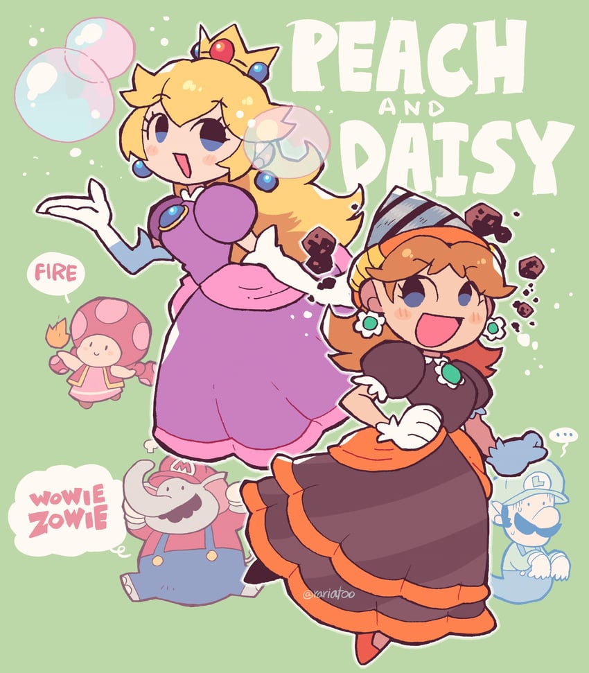 princess peach, mario, luigi, princess daisy, toadette, and 4 more (mario) drawn by rariatto_(ganguri)
