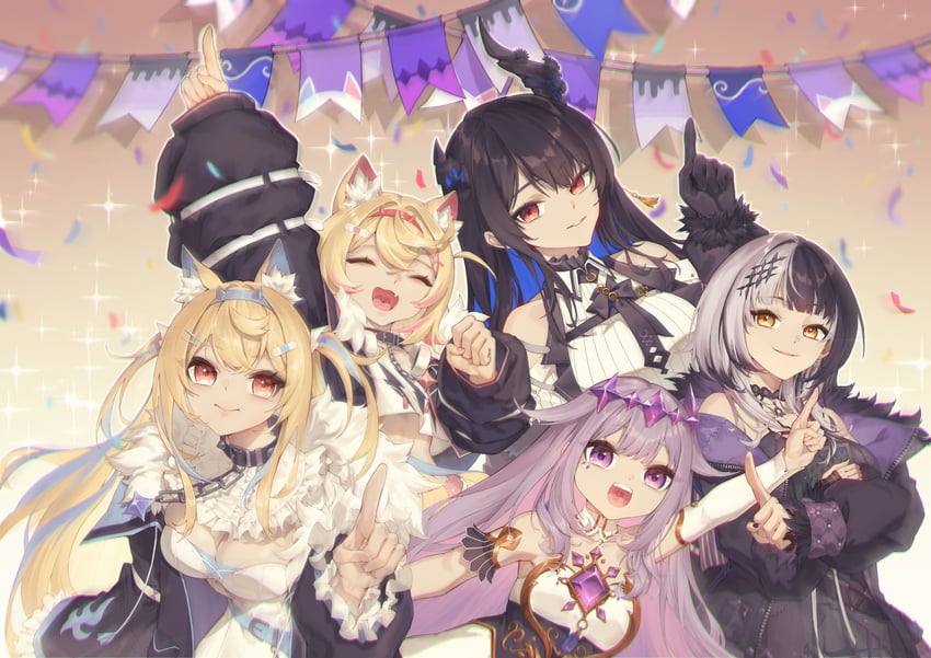 shiori novella, nerissa ravencroft, fuwawa abyssgard, mococo abyssgard, and koseki bijou (hololive and 1 more) drawn by zetsuental