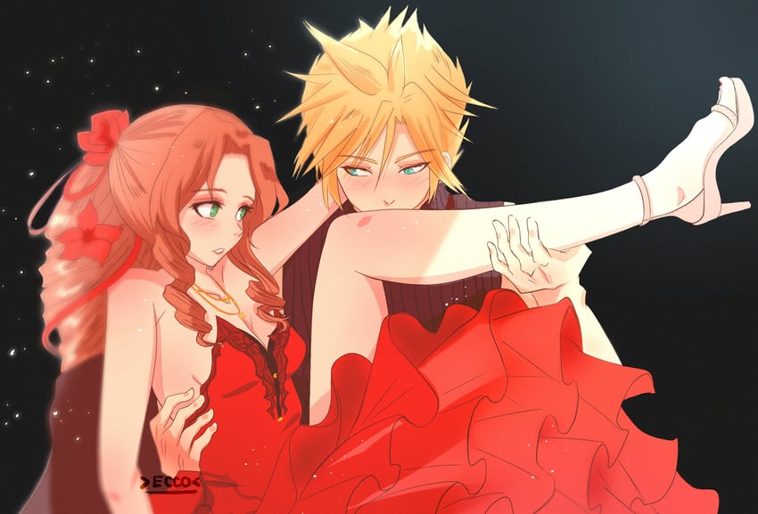 cloud strife and aerith gainsborough (final fantasy and 2 more) drawn by ecco