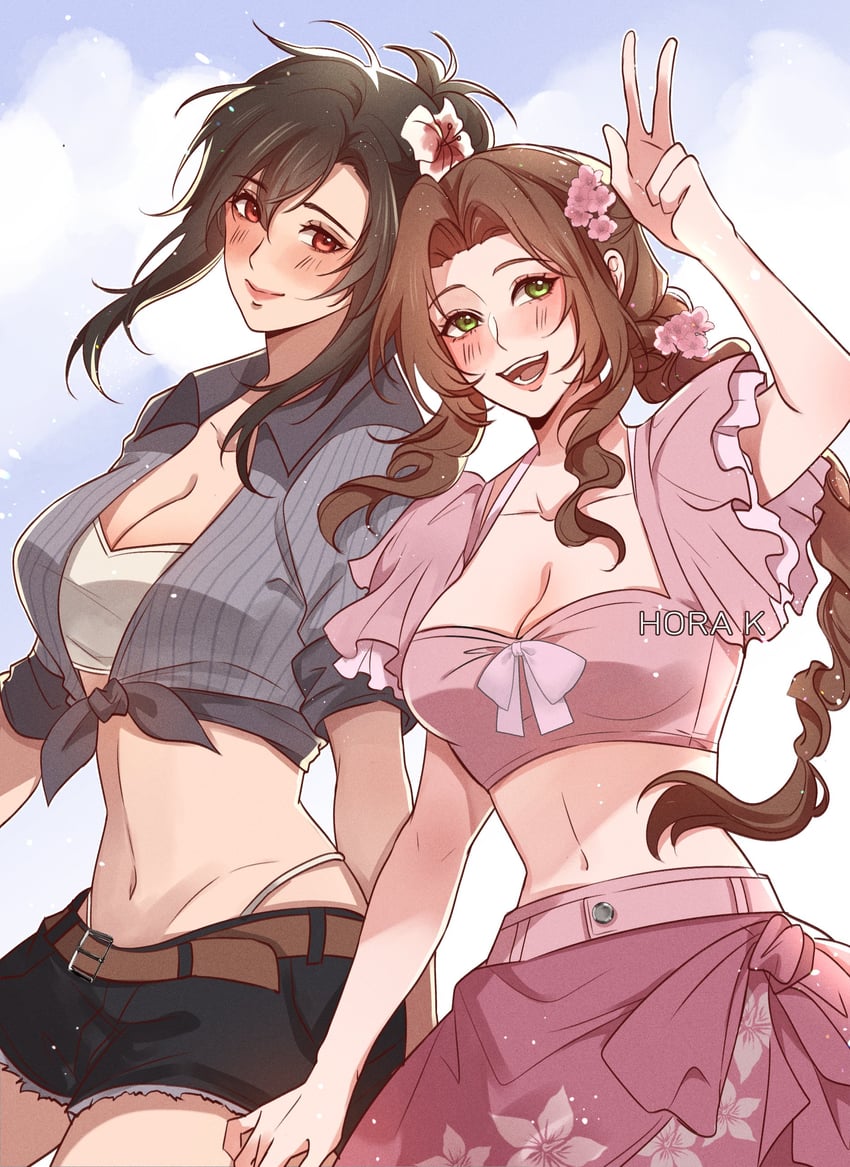 tifa lockhart, cloud strife, and aerith gainsborough (final fantasy and 3 more) drawn by hora_k
