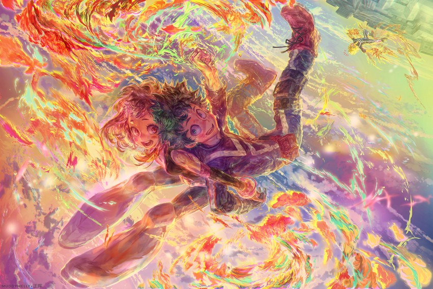 midoriya izuku, bakugou katsuki, and uraraka ochaco (boku no hero academia) drawn by melissa_hui_wang