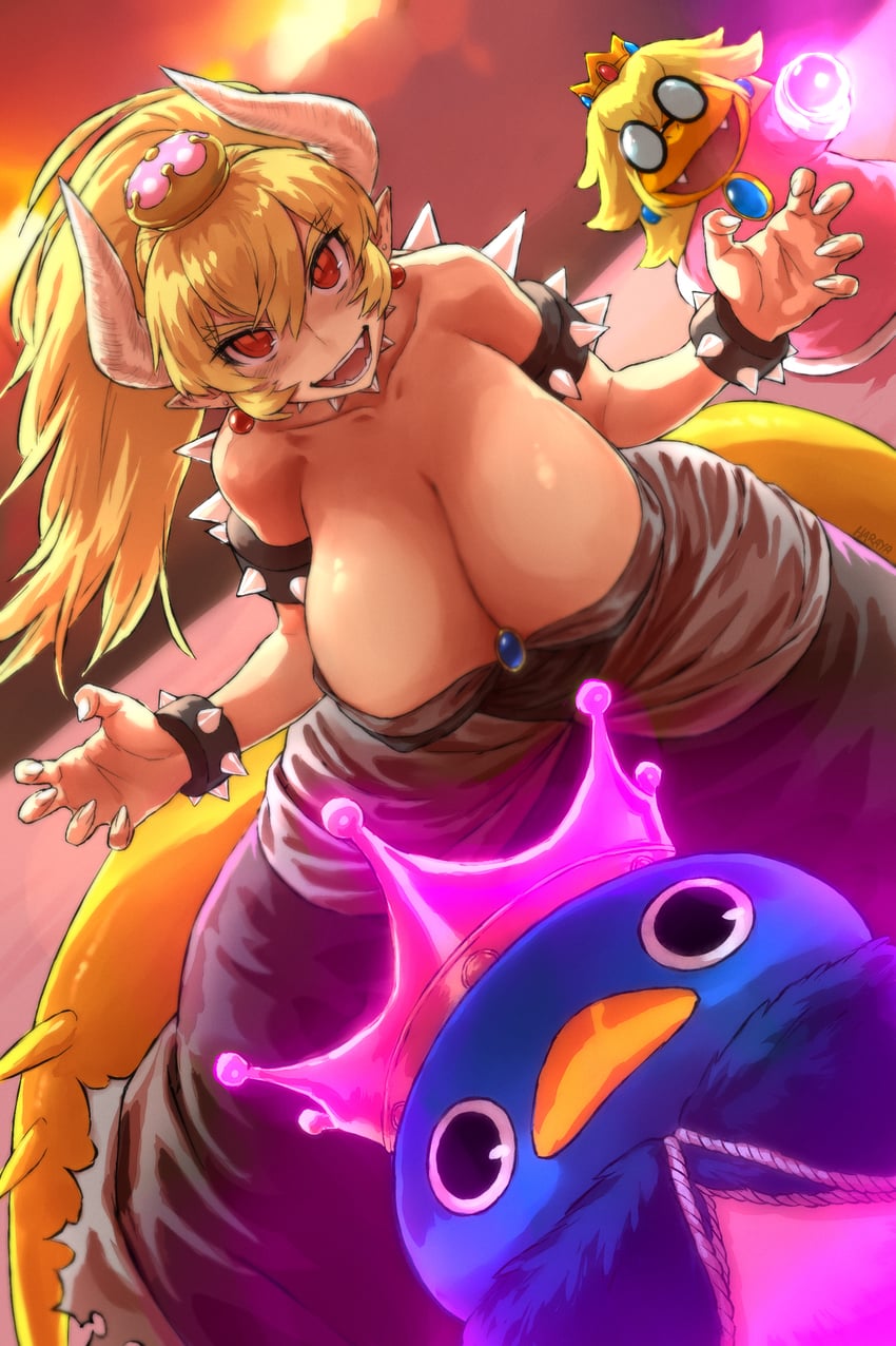 princess peach, bowsette, kamek, magikoopa, and king penguin (mario and 2 more) drawn by haraya_manawari