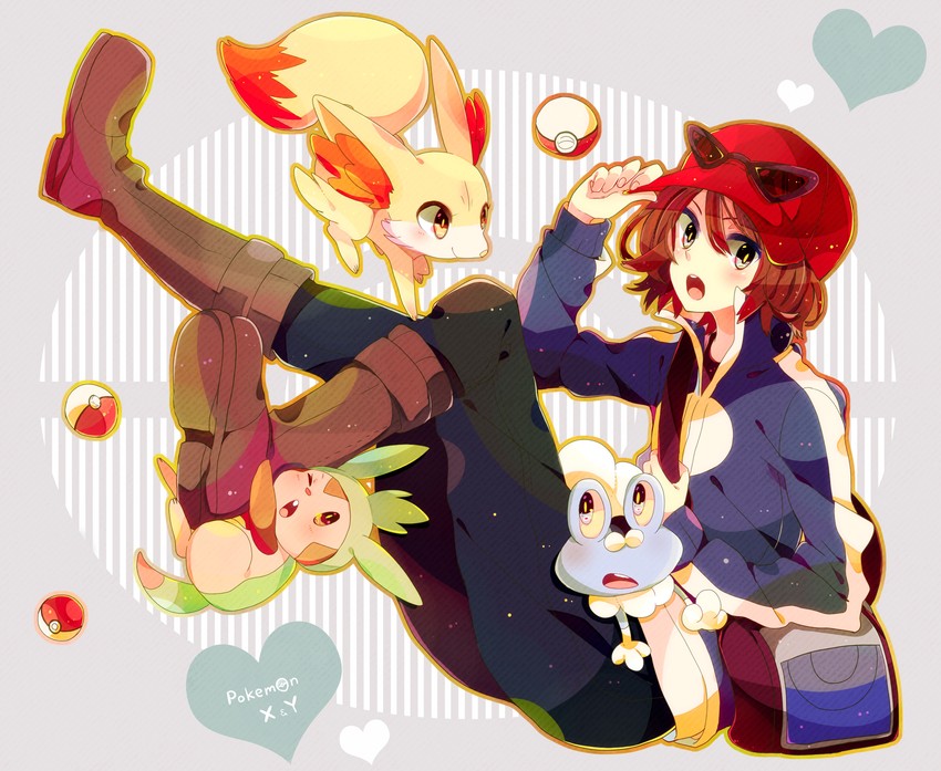 calem, fennekin, chespin, and froakie (pokemon and 1 more) drawn by nicole_(usako)