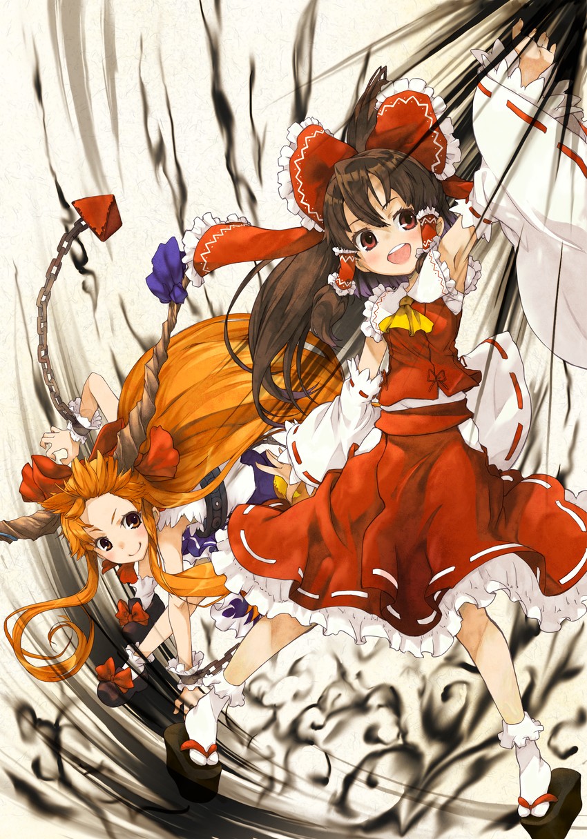 hakurei reimu and ibuki suika (touhou) drawn by shina_mama