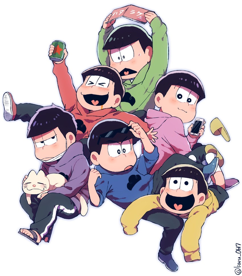 matsuno osomatsu, matsuno karamatsu, matsuno ichimatsu, matsuno jyushimatsu, matsuno choromatsu, and 1 more (osomatsu and 1 more) drawn by huni0617