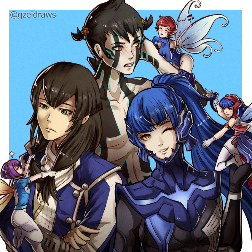 protagonist, demi-fiend, pixie, and flynn (shin megami tensei and 3 more) drawn by gzei