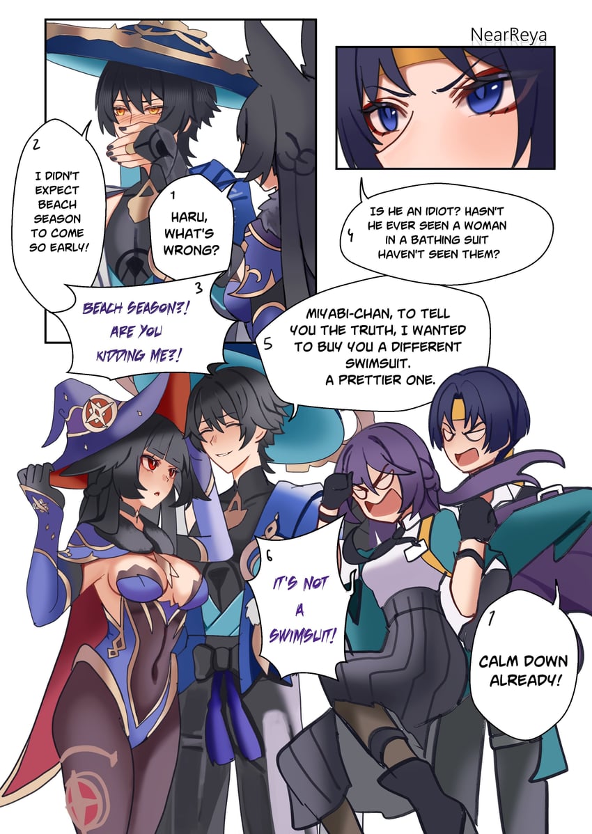 scaramouche, wanderer, mona, hoshimi miyabi, asaba harumasa, and 1 more (genshin impact and 2 more) drawn by by_nearreya