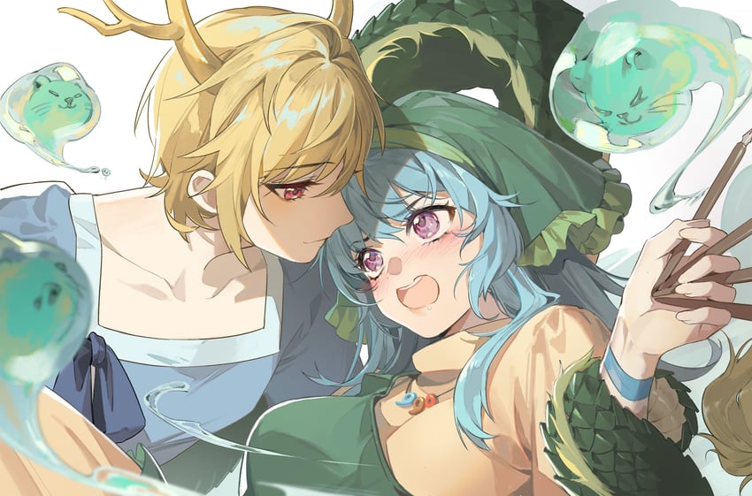 kicchou yachie, haniyasushin keiki, and otter spirit (touhou) drawn by qianjingya