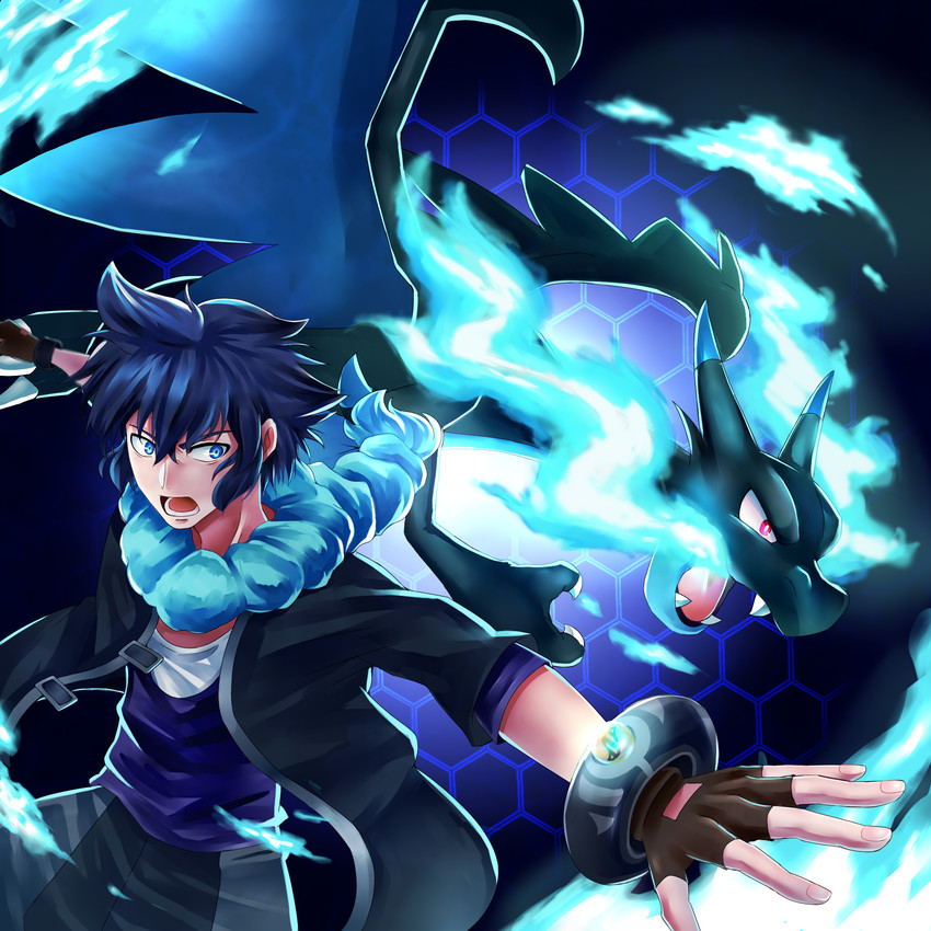 charizard, mega charizard x, and alain (pokemon and 1 more) drawn by bucchii_z