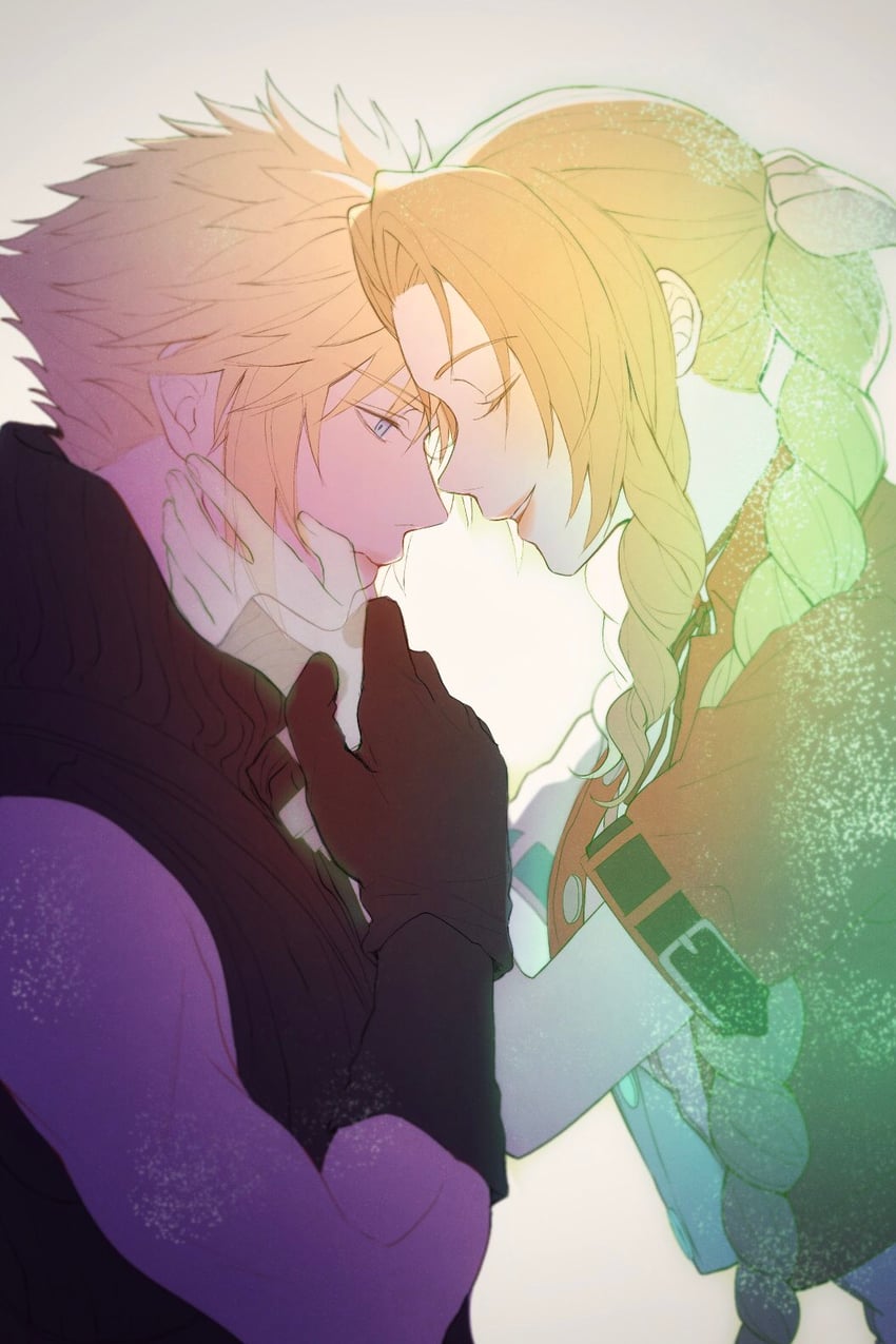 cloud strife and aerith gainsborough (final fantasy and 3 more) drawn by 0_ebj
