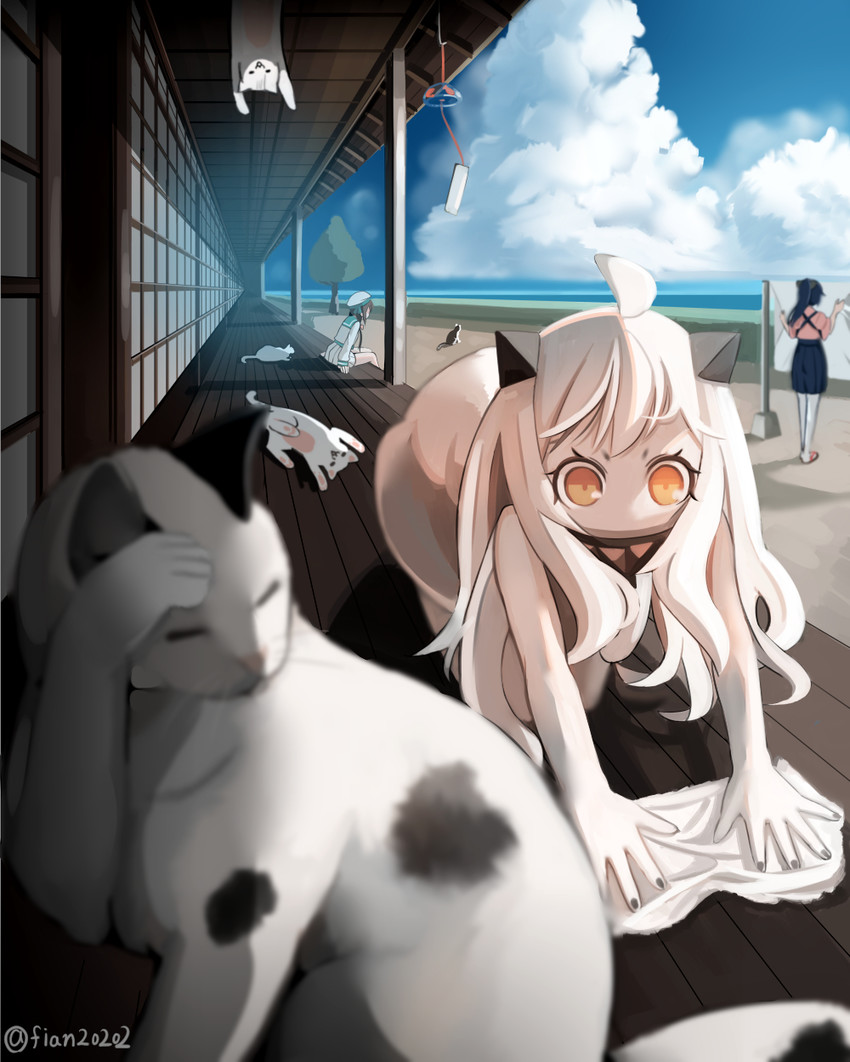 houshou, northern ocean princess, error musume, girl holding a cat, and batsubyou (kantai collection) drawn by onasuba