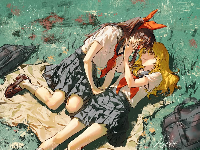 hakurei reimu and kirisame marisa (touhou) drawn by aihara-rina