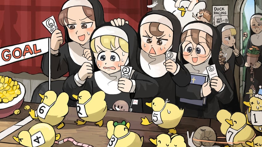 clumsy nun, froggy nun, spicy nun, glasses nun, hungry nun, and 2 more (little nuns) drawn by diva_(hyxpk)