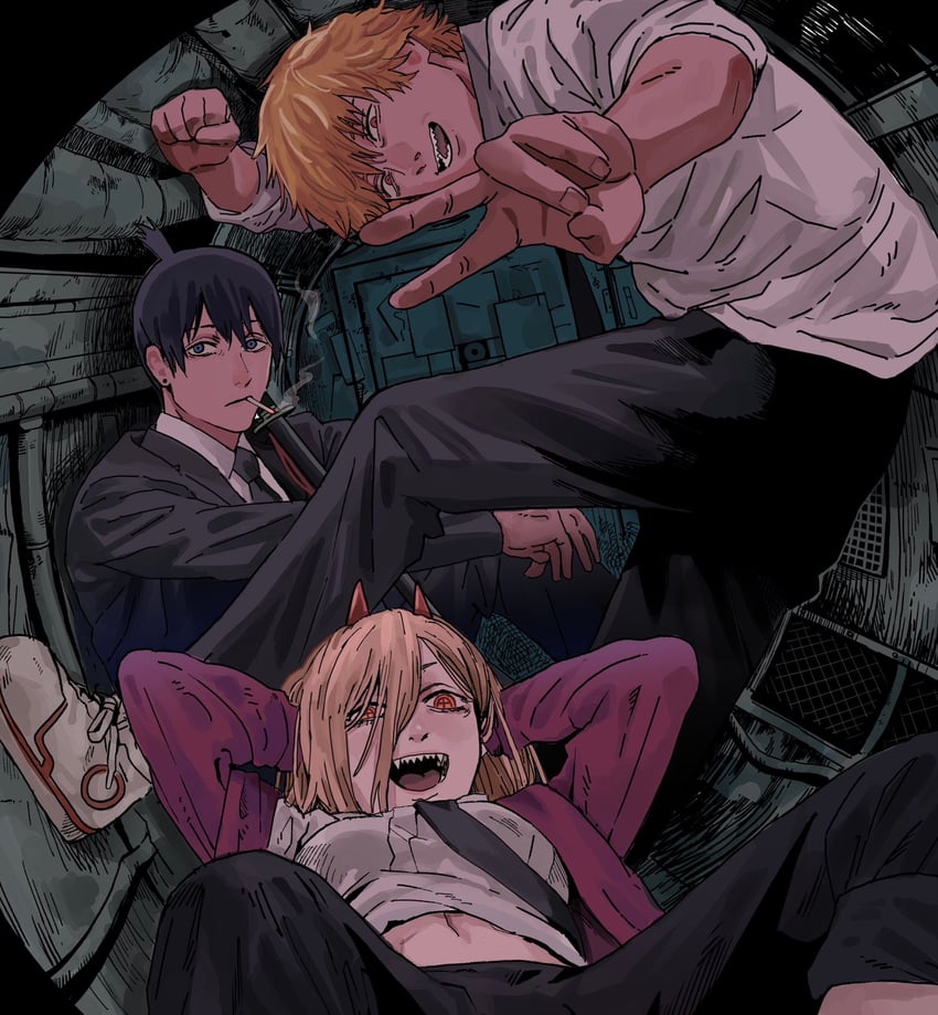 power, denji, and hayakawa aki (chainsaw man) drawn by sukesukeburger