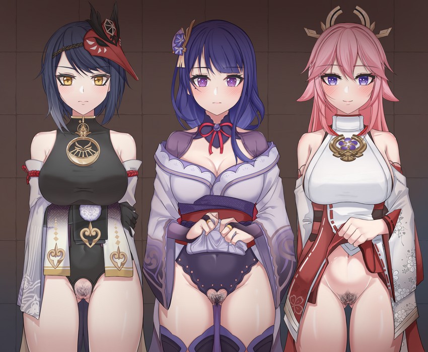 raiden shogun, yae miko, and kujou sara (genshin impact) drawn by hyunjjing