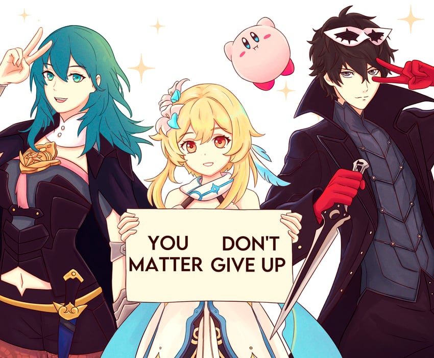 lumine, kirby, female byleth, amamiya ren, and joker (genshin impact and 6 more) drawn by truejekart