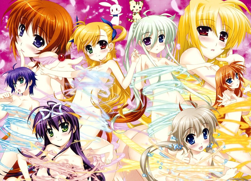 fate testarossa, takamachi nanoha, raising heart, bardiche, vivio, and 7 more (lyrical nanoha and 1 more) drawn by fujima_takuya