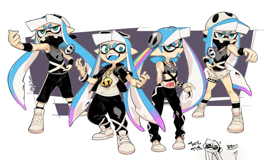 inkling player character, inkling girl, guzma, team skull grunt, and plumeria (pokemon and 3 more) drawn by mojaranmo