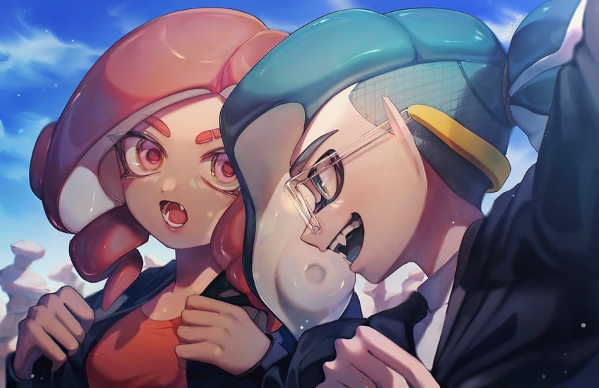 inkling player character, octoling player character, octoling girl, and inkling boy (splatoon and 1 more) drawn by ebio(evi3_da)