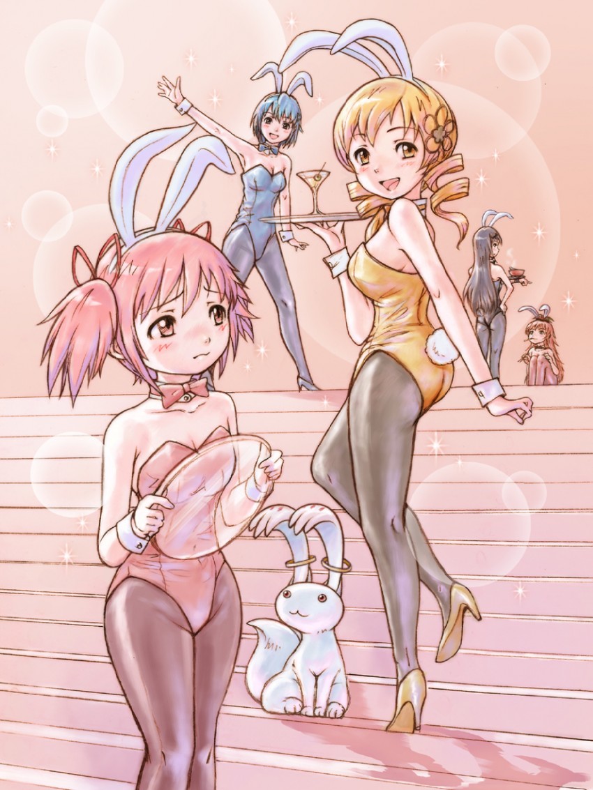 akemi homura, kaname madoka, miki sayaka, sakura kyoko, tomoe mami, and 1 more (mahou shoujo madoka magica) drawn by yoshikawa_kazunori