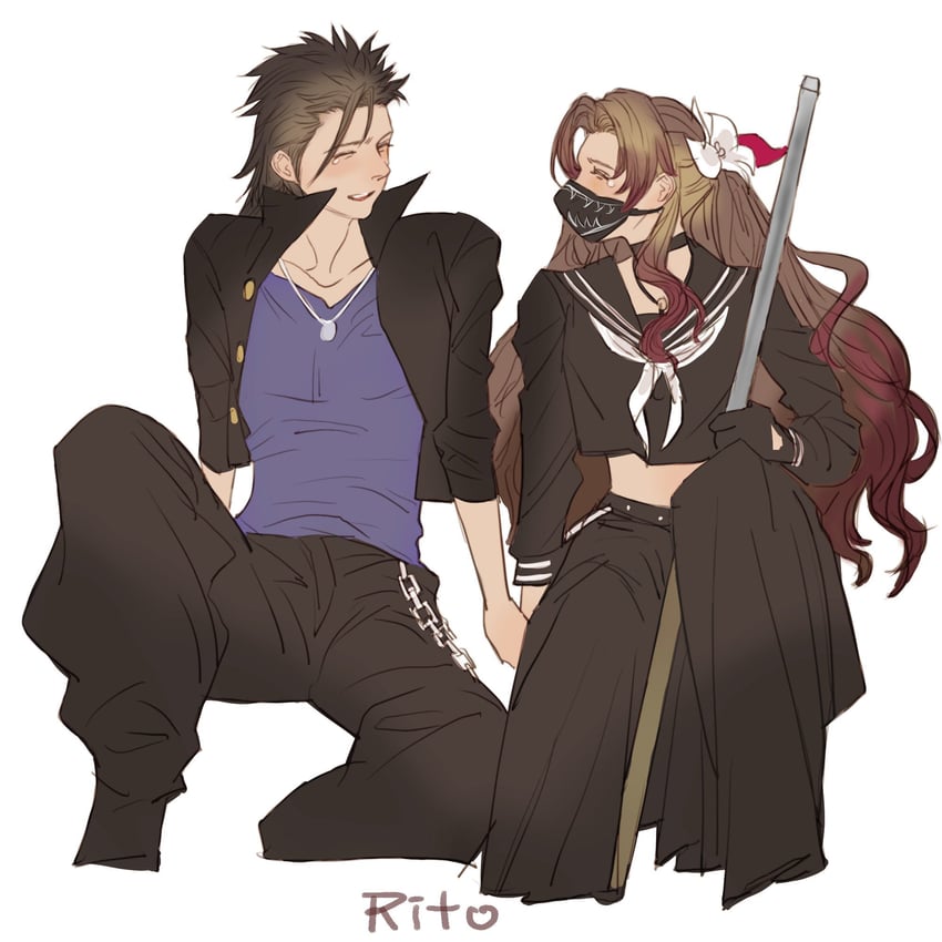 aerith gainsborough and zack fair (final fantasy and 2 more) drawn by tori_(labyrinth_fft)