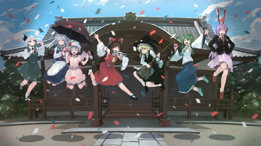 hakurei reimu, kirisame marisa, remilia scarlet, izayoi sakuya, kochiya sanae, and 2 more (touhou) drawn by ichiba_youichi