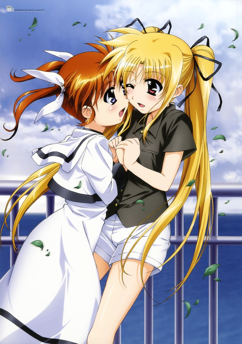 fate testarossa and takamachi nanoha (lyrical nanoha and 2 more) drawn by okuda_yasuhiro