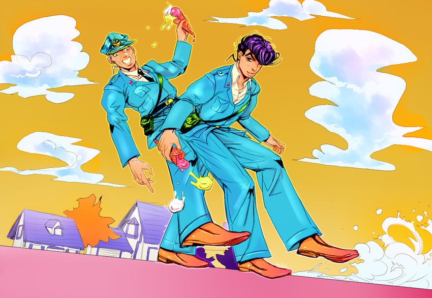 higashikata josuke and nijimura okuyasu (jojo no kimyou na bouken and 1 more) drawn by nanatsudogychou