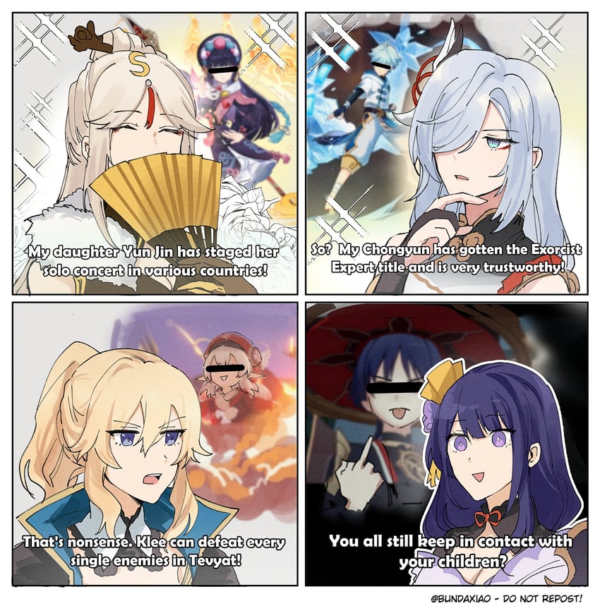 raiden shogun, scaramouche, klee, shenhe, jean, and 3 more (genshin impact and 1 more) drawn by bundaxiao