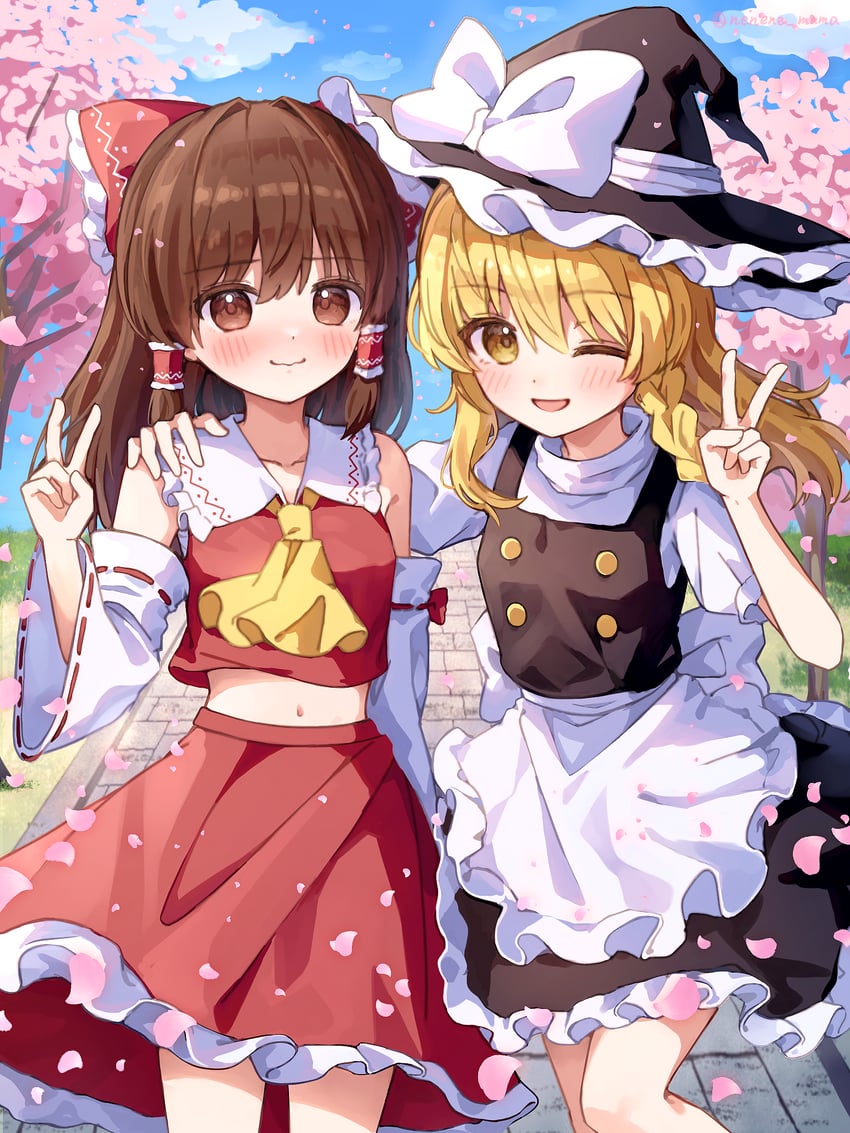 hakurei reimu and kirisame marisa (touhou) drawn by nene_man