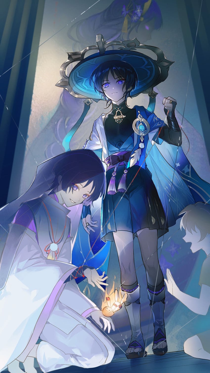 raiden shogun, scaramouche, wanderer, and scaramouche's sickly friend (genshin impact) drawn by laoyepo