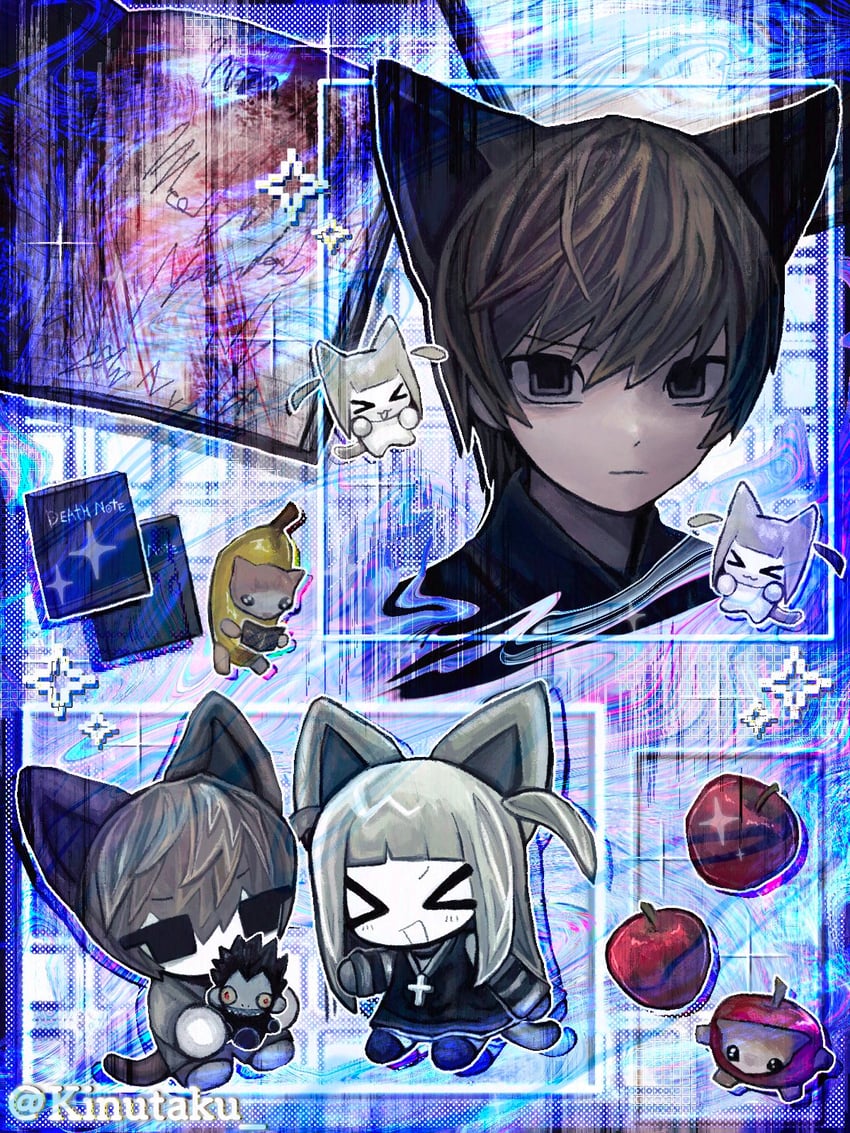 yagami light, amane misa, and ryuk (death note) drawn by kinutaku