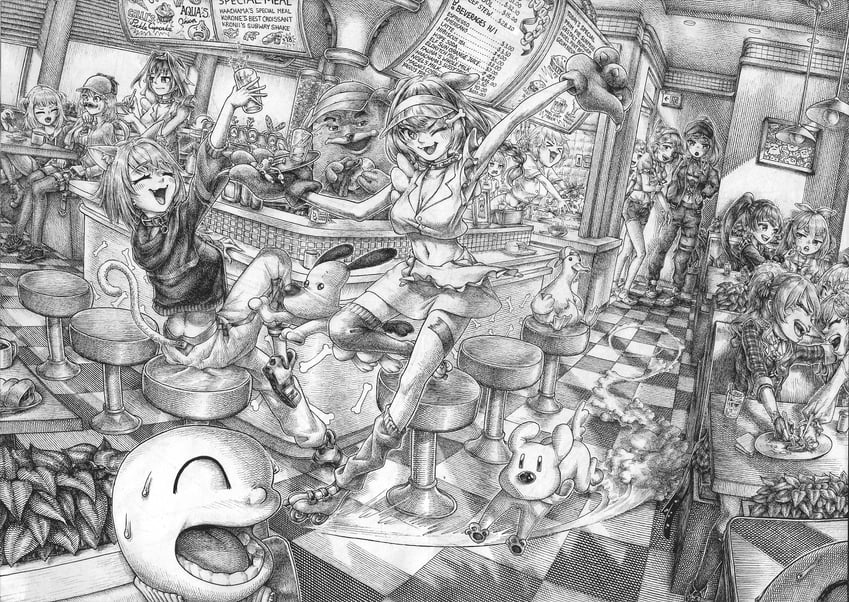 gawr gura, houshou marine, hoshimachi suisei, mori calliope, usada pekora, and 16 more (hololive and 1 more) drawn by jqhnharqld