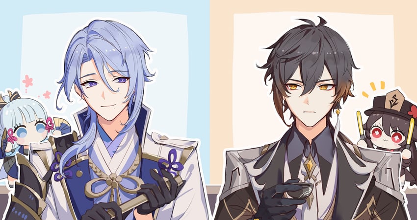 hu tao, zhongli, kamisato ayaka, and kamisato ayato (genshin impact) drawn by 0jae