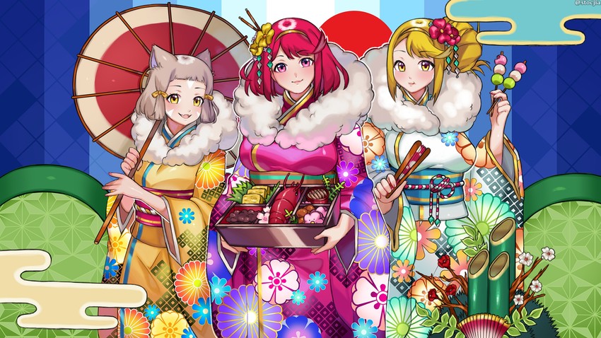 pyra, mythra, and nia (xenoblade chronicles and 1 more) drawn by yagi_(kyuhyun)