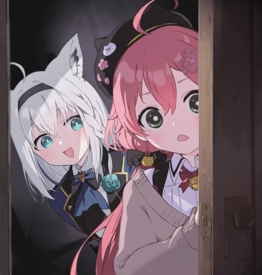 shirakami fubuki and sakura miko (hololive) drawn by machico_maki