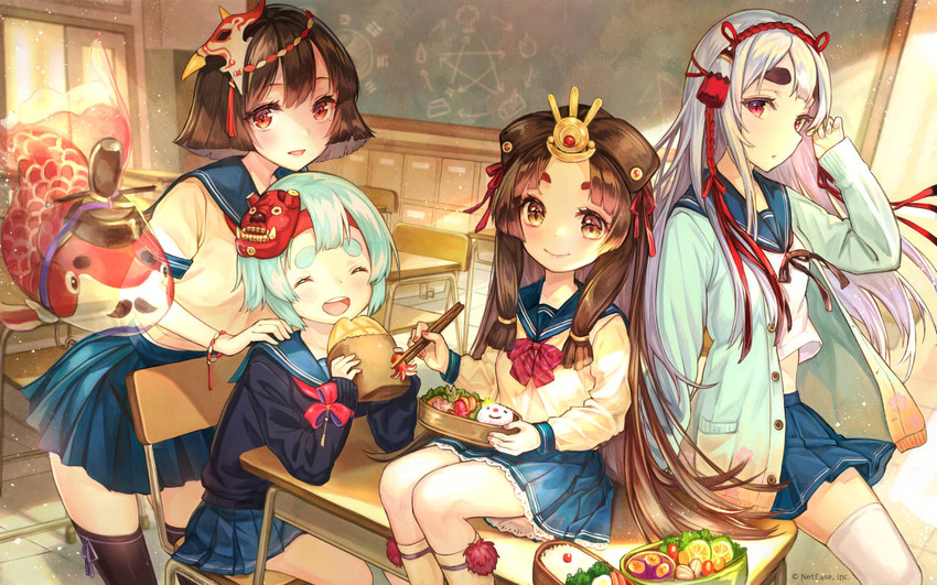 kaguya hime, itsumade, kingyo hime, and chin (onmyoji) drawn by pierorabu