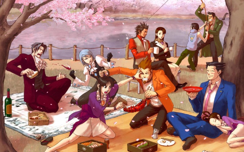 phoenix wright, miles edgeworth, maya fey, franziska von karma, mia fey, and 2 more (ace attorney) drawn by edaki_shin'ya