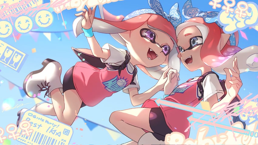 inkling player character and inkling girl (splatoon) drawn by iria_(yumeirokingyo)