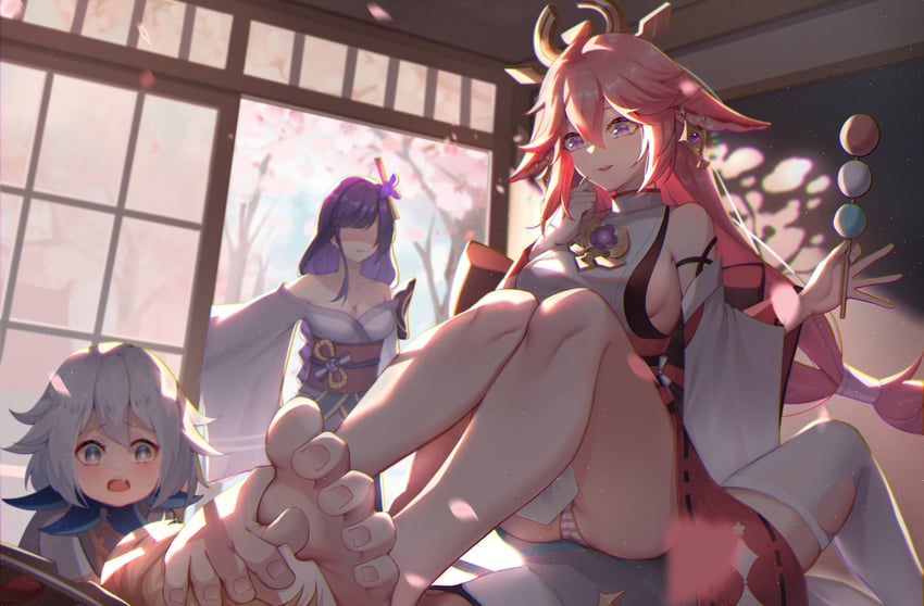 lumine, raiden shogun, yae miko, and paimon (genshin impact) drawn by congyu