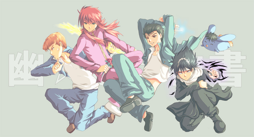 kurama, hiei, urameshi yusuke, kuwabara kazuma, and puu (yu yu hakusho) drawn by akayashi