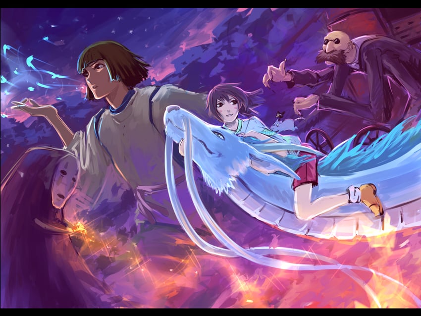 ogino chihiro, haku, kaonashi, bou, yu-bird, and 1 more (studio ghibli and 1 more) drawn by moni158