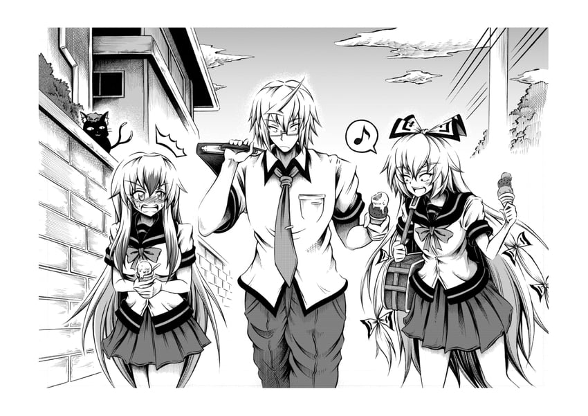fujiwara no mokou, chen, kamishirasawa keine, and morichika rinnosuke (touhou) drawn by hidefu_kitayan