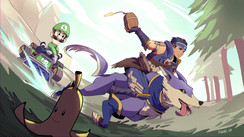 monster hunter, luigi, and canyne (mario and 4 more) drawn by pikat
