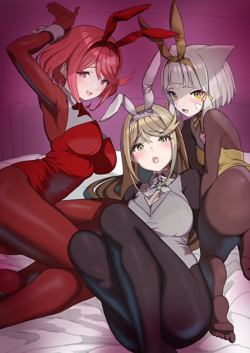 pyra, mythra, and nia (xenoblade chronicles and 1 more) drawn by karian909