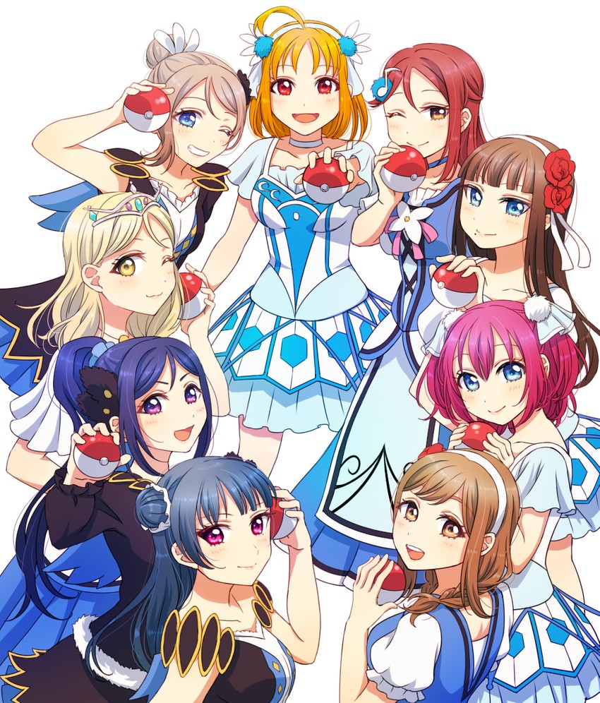 watanabe you, tsushima yoshiko, sakurauchi riko, takami chika, matsuura kanan, and 4 more (pokemon and 2 more) drawn by heru_(totoben)