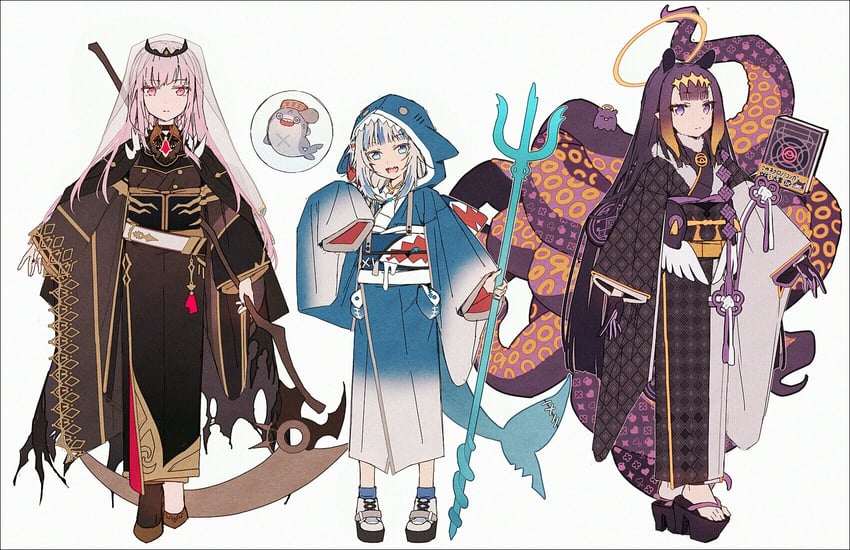 gawr gura, mori calliope, ninomae ina'nis, takodachi, bloop, and 1 more (hololive and 1 more) drawn by hakusai_(tiahszld)