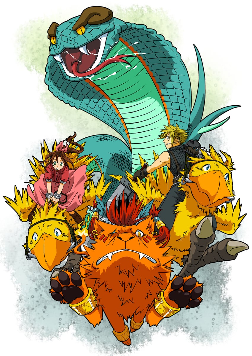 cloud strife, aerith gainsborough, red xiii, and midgardsormr (final fantasy and 1 more) drawn by torimaru-douhu