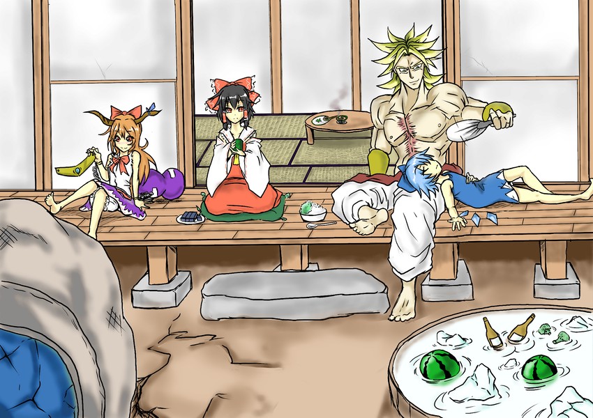hakurei reimu, cirno, ibuki suika, and broly (touhou and 2 more) drawn by chokobo_(fire89)