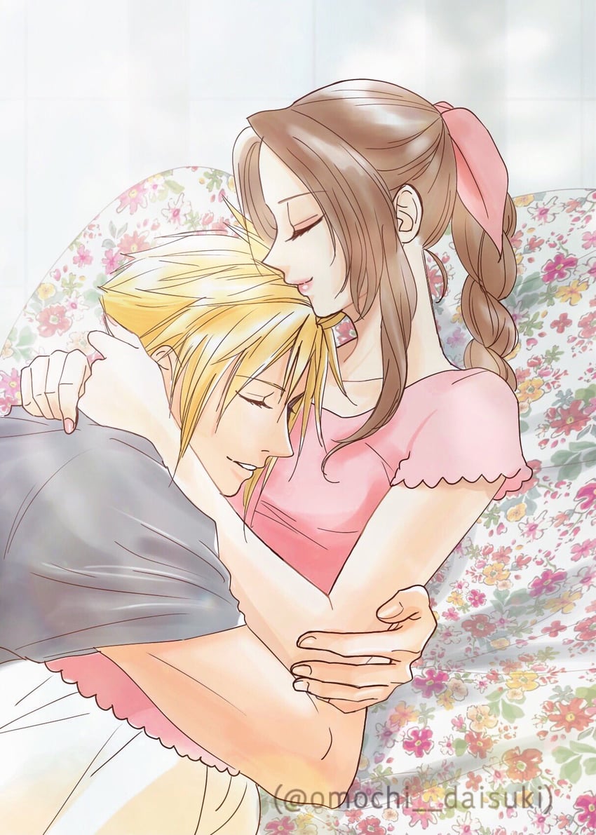 cloud strife and aerith gainsborough (final fantasy and 2 more) drawn by omochi_daisuki